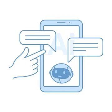 AI chatbot mobile app, hand touching smartphone Stock Illustration