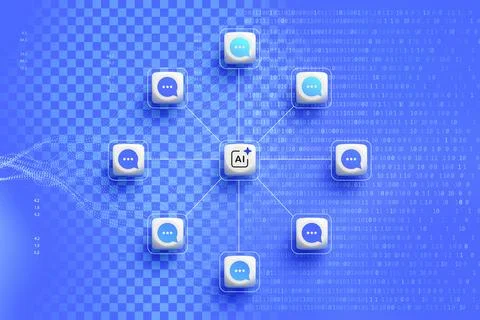 AI chatbot network with connected messaging icons, binary code and data visua Stock Photos