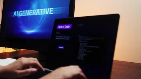 AI chatbot programmer working on artificial intelligence software inside modern Stock-Footage 330508123