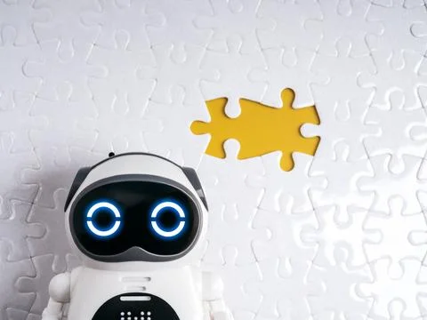 AI chatbot robot with missing puzzle piece represents problem solving, inte.. Stock Photos