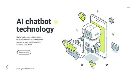 AI chatbot technology isometric banner. Robot assistant on smartphone for cus Stock Illustration