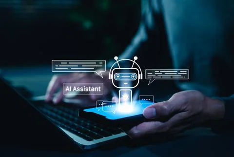 AI chatbot virtual assistant technology concept. Person using smartphone Stock Photos