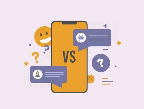 AI chatbot vs human support with real-time messaging, customer service Stock Illustration