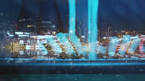 In an AI chip against the backdrop of a highway in a night city, electrons are Video stock 278318399