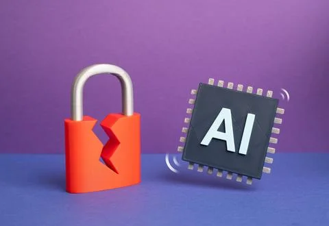An AI chip and a broken padlock. Security vulnerabilities in artificial intel Stock Photos