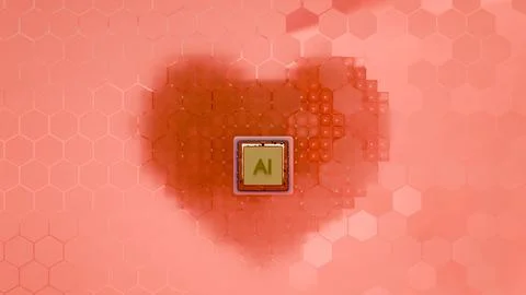 AI chip appears centered above heart shape made of red hexagons in seamless.. イラスト素材