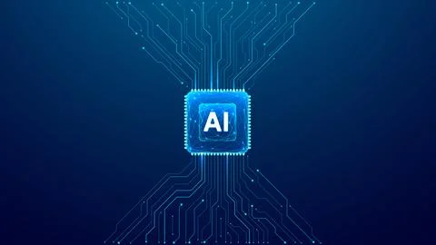 AI chip background with circuit line light elements. Stock Illustration