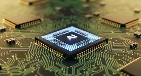 AI Chip on Circuit Board Artificial Intelligence Processor with Glowing Con.. Stock Illustration