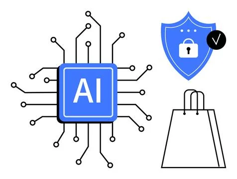 AI chip with circuit connections, shield with lock symbol, and shopping bag.  스톡 일러스트