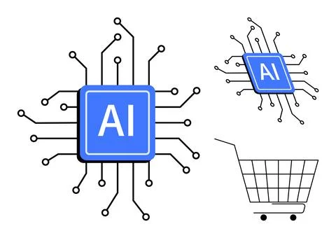 AI Chip with Circuit Lines and Shopping Cart Visualizing E-commerce and Art.. Stock Illustration