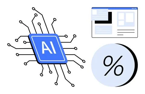 AI chip with circuit lines, web interface with content layout, and percentage Illustrazione stock