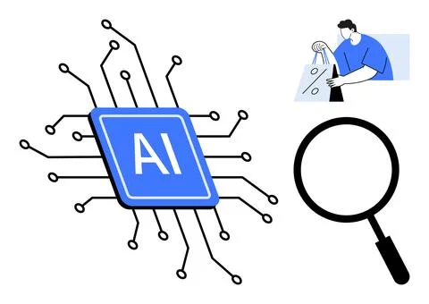 AI chip with circuit patterns, person holding shopping bag, magnifying glass. Stock Illustration