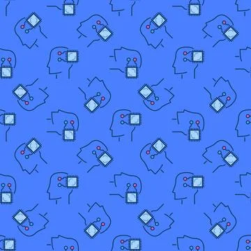 AI Chip connected with Human Head vector colored seamless pattern Stock Illustration