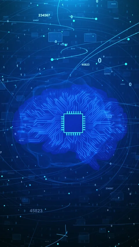 AI chip data network visual glowing blue circuits, digital globe, orbit paths, n Stock Footage 340410739