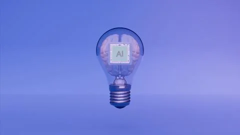 AI chip embedded in white brain inside light bulb on blue purple background Foto stock