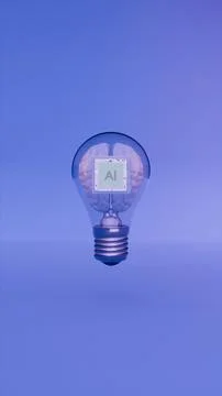 AI chip embedded in white brain inside light bulb on blue purple background 스톡 사진