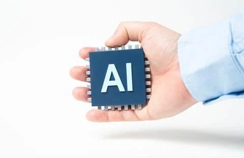 An AI chip in a hand. Breakthrough technologies with artificial intelligenc.. Foto stock