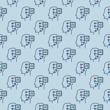 AI Chip in Human Head vector Artificial Intelligence colored seamless pattern 库存插图