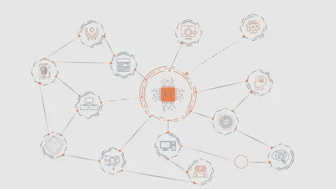 AI chip icon surrounded by a network of digital technology icons Stock Footage 326311017