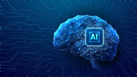 AI chip integral into abstract technology brain on blue background. Stock Illustration