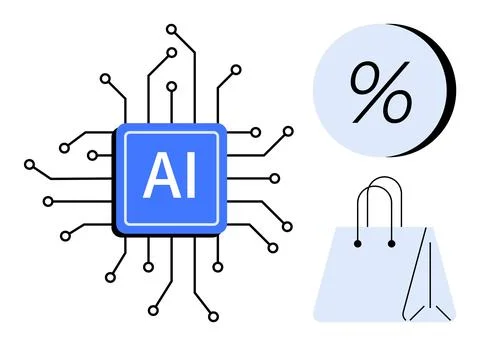 AI chip with interconnected circuit lines, percentage sign and shopping bag.  Stock Illustration