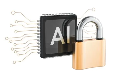 AI chip with padlock. Artificial intelligence security, data protection and.. Stock Illustration