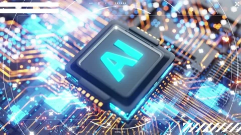 Ai chip processing data on futuristic circuit board with glowing blue lights Stock Footage 340611867
