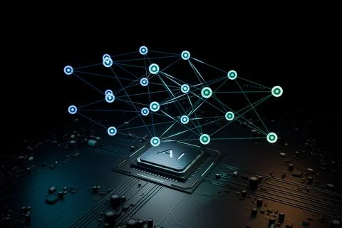 AI chip processing data with neural network connections. 3d render Stock Illustration