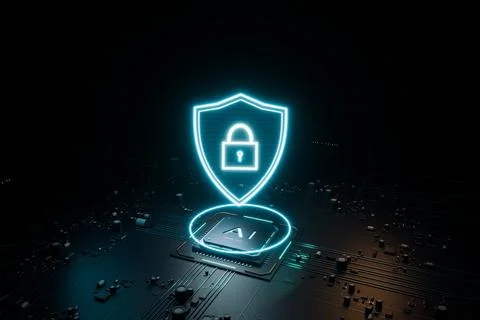 AI chip processing secure data with glowing shield. 3d render 스톡 일러스트