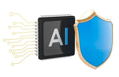 AI chip protected by cybersecurity shield. 3D rendering Stock Illustration