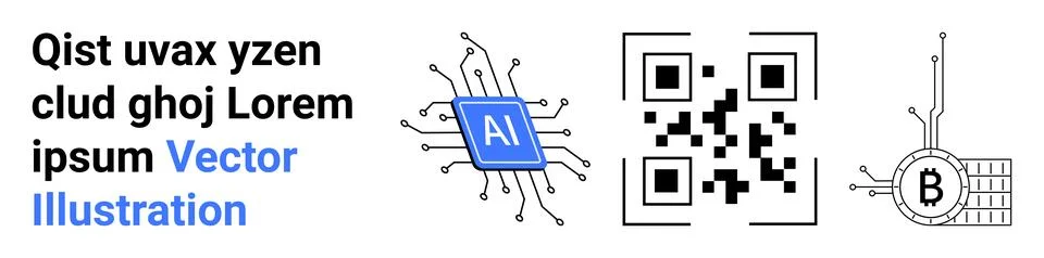 AI Chip, QR Code, and Bitcoin Blockchain Technology and Cryptocurrency in M.. Illustrazione stock