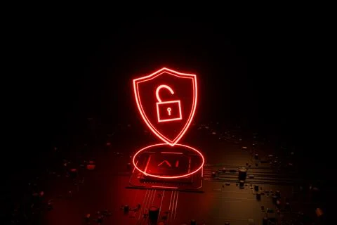 AI chip security breach concept with unlocked padlock. 3d render Stock Illustration