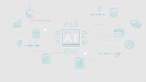 AI chip surrounded by icons representing working with data Stock Footage 326310982