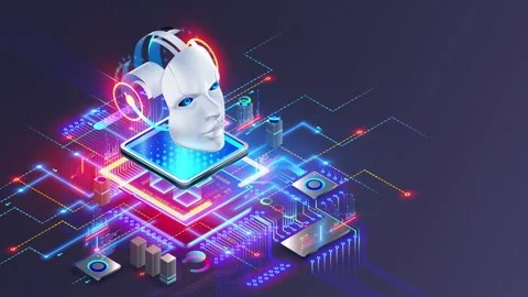 AI chip technology. AI robot head. Artificial intelligence in CPU on motherboard Stock Footage 286705673