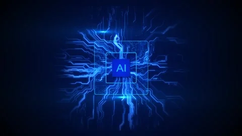 AI chip technology background glowing blue processor, circuit paths, digital Stock Footage 334100862