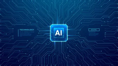 AI chip with thin circuit contact lines. Free text space. Stock Illustration