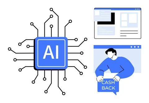 AI Chip, Website Interface, and Cash Back Offer for Technological Advancement 스톡 일러스트