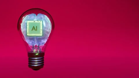AI chip in white brain inside glass light bulb on magenta background Stockfoto's