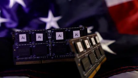 AI chips on American flag representing technology development Stock Photos
