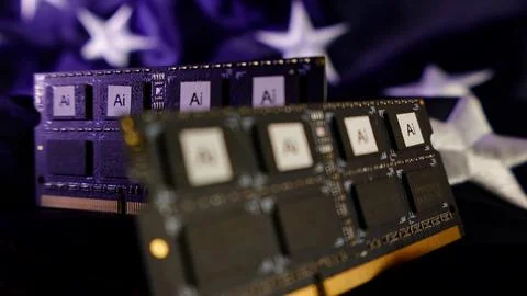 AI chips on American flag representing technology industry Foto stock