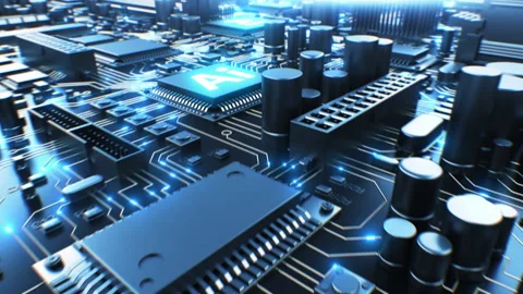 Ai Chips on Circuit Board with Blue Electrons Loop 3d Animation. Artificial Stock Footage 306157316