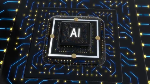 Ai Chips on Circuit Board with Blue Electrons Animation Stock Footage 309348279