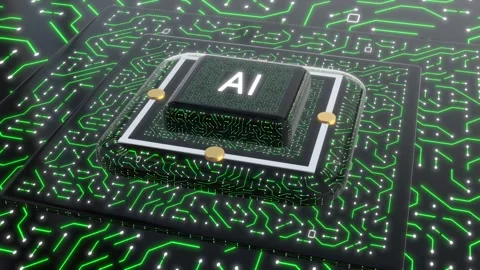 Ai Chips on Circuit Board with Green Electrons Animation Stock Footage 309348481
