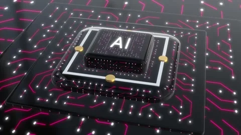 Ai Chips on Circuit Board with Pink Electrons Animation Stock Footage 309348417