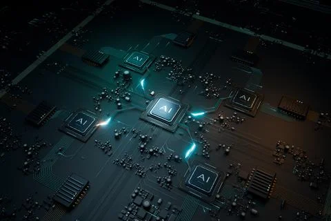 AI chips connecting on a circuit board. 3d render Illustrazione stock