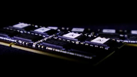 Ai chips processing data on circuit board Stockfoto's