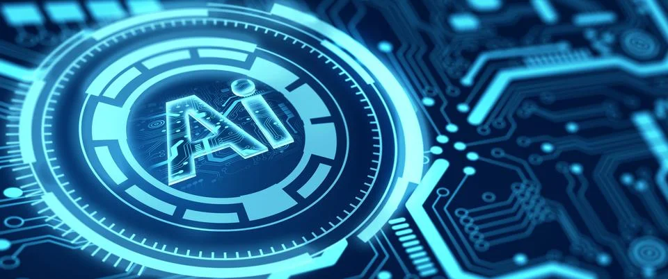 Ai chipset on computer circuit board. Ai CPU concept. 3D Rendering. Illustrazione stock