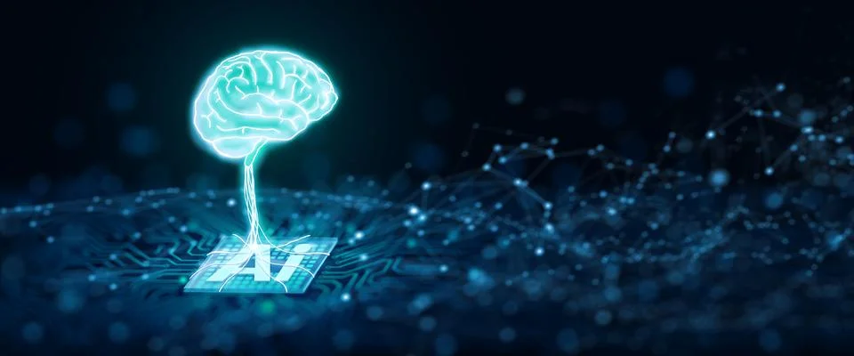 Ai chipset with human brain on computer circuit board. Ai CPU concept. 3D R.. Illustrazione stock