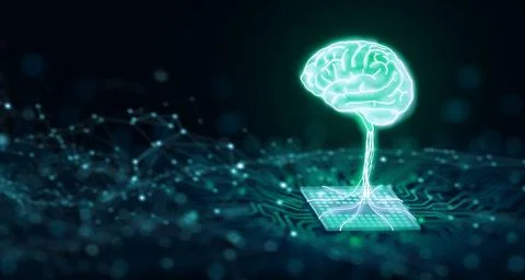 Ai chipset with human brain on computer circuit board. Ai CPU concept. 3D R.. イラスト素材