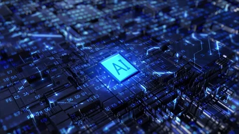 AI in the Circuit. 3D Binary Code on a High-Tech Motherboard Stock Footage 252589804